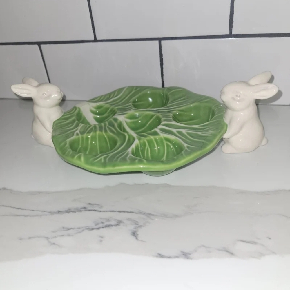 Target Green Leaf Platter with Cream Bunny Holders